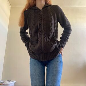 Brown Cable Knit Sweater with Gold Zipper